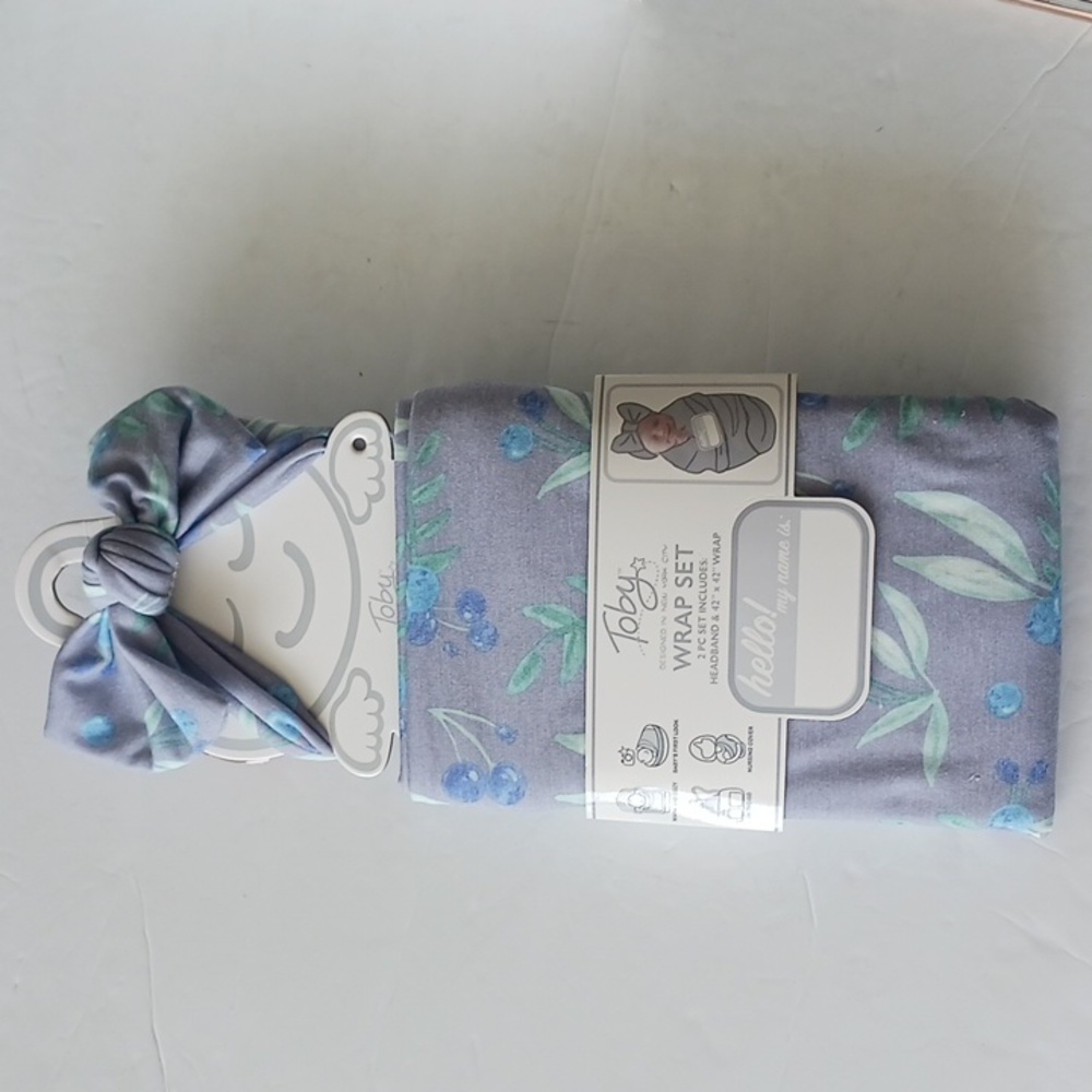Toby Baby Wrap Set Cloud Floral Bow Soft Headband & Swaddle Blanket Wrap